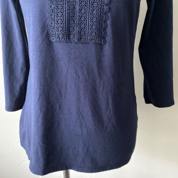 Talbots Embroidered 3/4 Sleeve Top Keyhole Tie Navy Cotton Blend size S - Picture 3 of 11